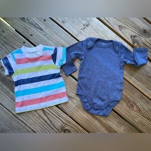 Quiltey Striped Tee shirt and Blue Long Sleeve Onesie Set 3-6M